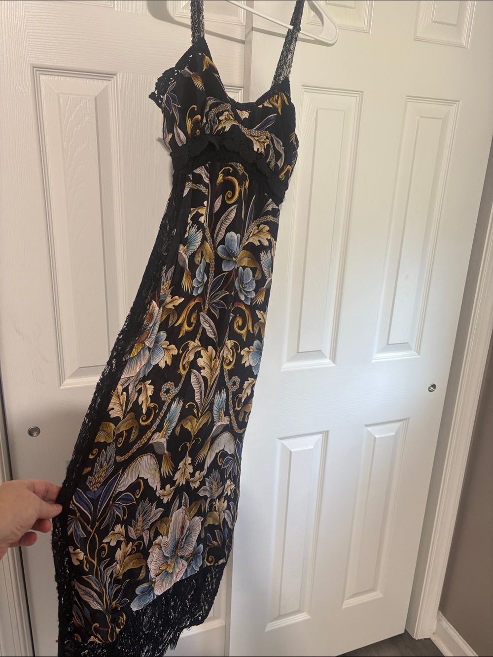 FARM Rio Black Maxi Dress with Gold and Blue Floral Print